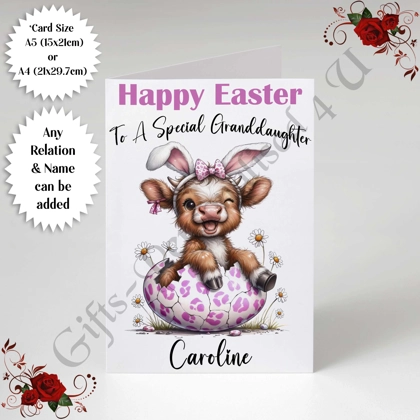 A5 or A4 Personalised Card - Happy Easter - Cow - Any Relation & Name - D.10