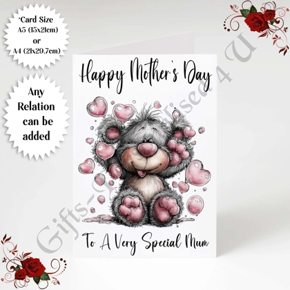 A5 or A4 Personalised Greeting Card - Grey Bear - Happy Mother's Day - Mum Mummy etc - D.10