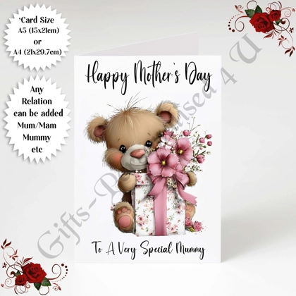 A5 or A4 Personalised Greeting Card - Bear & Flowers - Happy Mother's Day - Mum Mummy etc - D.10