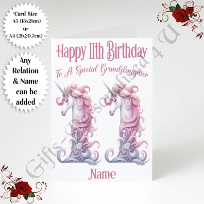 A5 or A4 Personalised Greeting Card - Unicorn - Happy 11th Birthday - Any Relation & Name - D.3 A5 or A4 Personalised Greeting Card - Unicorn - Happy 11th Birthday - Any Relation & Name - D.3