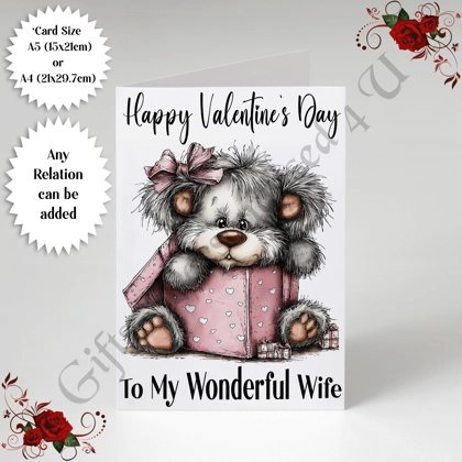 A5 or A4 Personalised Card - Happy Valentine's Day - Cute Bear - Any Relation - D.11