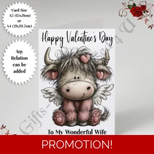 A5 or A4 Personalised Card - Happy Valentine's Day - Highland Cow - Any Relation - D.11
