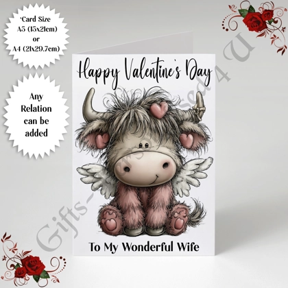 A5 or A4 Personalised Card - Happy Valentine's Day - Highland Cow - Any Relation - D.11