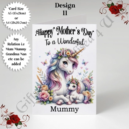 A5 or A4 Personalised Greeting Card - Unicorns - Happy Mother's Day - Mum Mummy Grandma etc - D.11