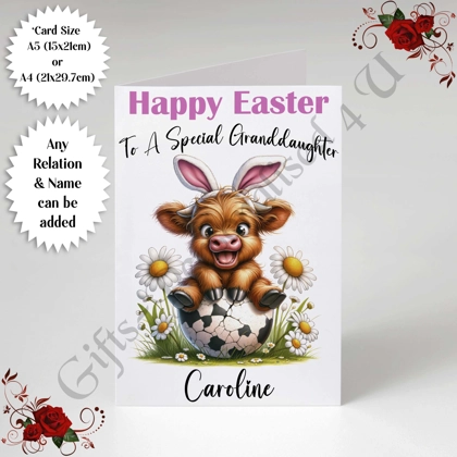 A5 or A4 Personalised Card - Happy Easter - Cow - Any Relation & Name - D.11