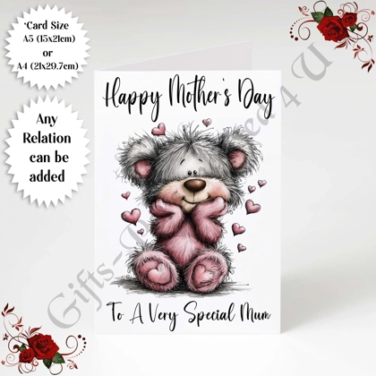 A5 or A4 Personalised Greeting Card - Grey Bear - Happy Mother's Day - Mum Mummy etc - D.11