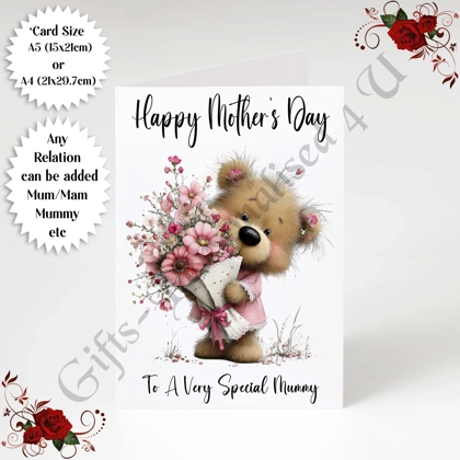 A5 or A4 Personalised Greeting Card - Bear & Flowers - Happy Mother's Day - Mum Mummy etc - D.11