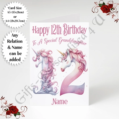 A5 or A4 Personalised Greeting Card - Unicorn - Happy 12th Birthday - Any Relation & Name - D.3 A5 or A4 Personalised Greeting Card - Unicorn - Happy 12th Birthday - Any Relation & Name - D.3