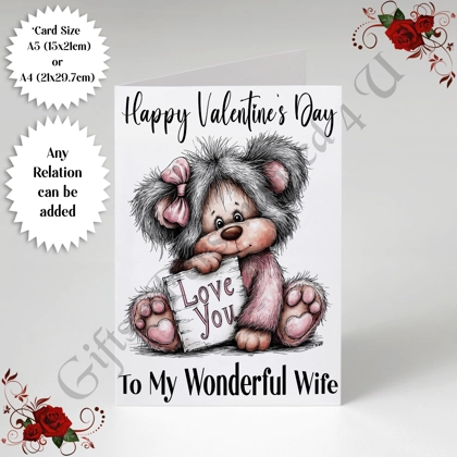 A5 or A4 Personalised Card - Happy Valentine's Day - Cute Bear - Any Relation - D.12