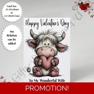 A5 or A4 Personalised Card - Happy Valentine's Day - Highland Cow - Any Relation - D.12