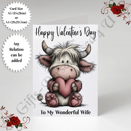 A5 or A4 Personalised Card - Happy Valentine's Day - Highland Cow - Any Relation - D.12