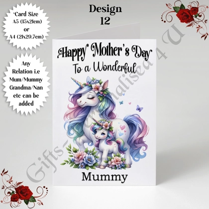 A5 or A4 Personalised Greeting Card - Unicorns - Happy Mother's Day - Mum Mummy Grandma etc - D.12