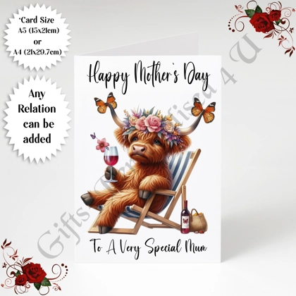 A5 or A4 Personalised Greeting Card - Highland Cow - Happy Mother's Day - Mum Mummy etc - D.12