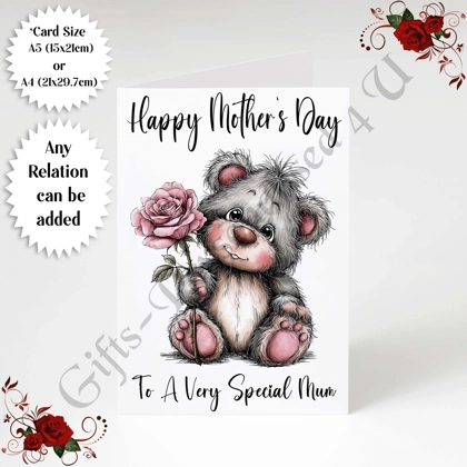 A5 or A4 Personalised Greeting Card - Grey Bear - Happy Mother's Day - Mum Mummy etc - D.12