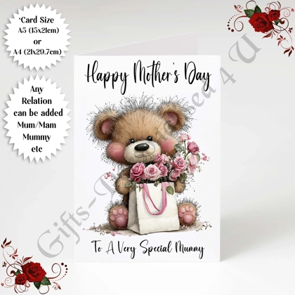 A5 or A4 Personalised Greeting Card - Bear & Flowers - Happy Mother's Day - Mum Mummy etc - D.12
