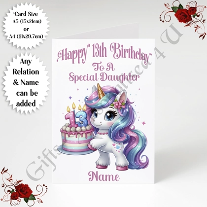 A5 or A4 Personalised Greeting Card - Unicorn - Happy 13th Birthday - Any Relation & Name - D.1