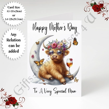 A5 or A4 Personalised Greeting Card - Highland Cow - Happy Mother's Day - Mum Mummy etc - D.13