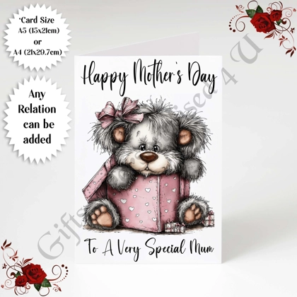 A5 or A4 Personalised Greeting Card - Grey Bear - Happy Mother's Day - Mum Mummy etc - D.13