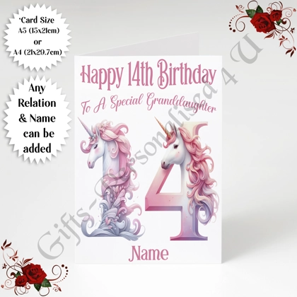 A5 or A4 Personalised Greeting Card - Unicorn - Happy 14th Birthday - Any Relation & Name - D.3 A5 or A4 Personalised Greeting Card - Unicorn - Happy 14th Birthday - Any Relation & Name - D.3