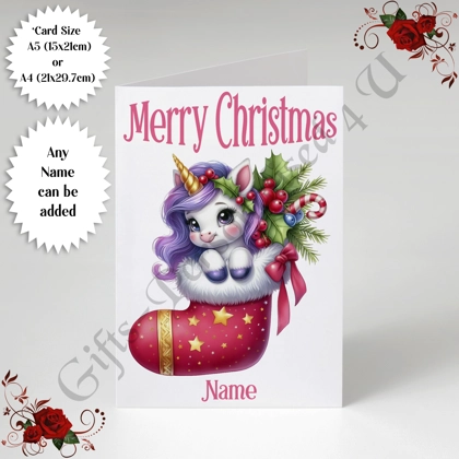 A5 or A4 Personalised Card - Merry Christmas - Unicorn - Name - D.14 A5 or A4 Personalised Card - Merry Christmas - Unicorn - Name - D.14