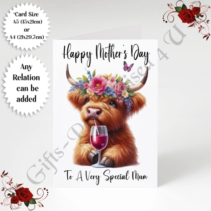 A5 or A4 Personalised Greeting Card - Highland Cow - Happy Mother's Day - Mum Mummy etc - D.14