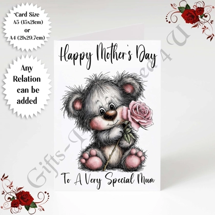 A5 or A4 Personalised Greeting Card - Grey Bear - Happy Mother's Day - Mum Mummy etc - D.14