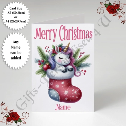 A5 or A4 Personalised Card - Merry Christmas - Unicorn - Name - D.15 A5 or A4 Personalised Card - Merry Christmas - Unicorn - Name - D.15