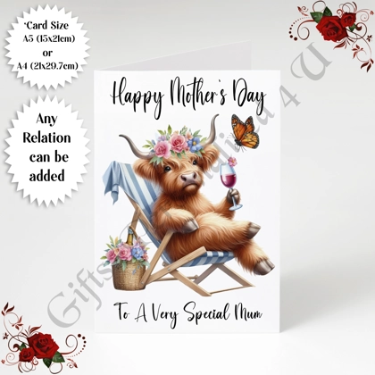 A5 or A4 Personalised Greeting Card - Highland Cow - Happy Mother's Day - Mum Mummy etc - D.15
