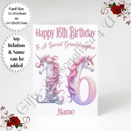 A5 or A4 Personalised Greeting Card - Unicorn - Happy 16th Birthday - Any Relation & Name - D.3 A5 or A4 Personalised Greeting Card - Unicorn - Happy 16th Birthday - Any Relation & Name - D.3