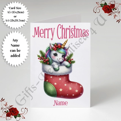 A5 or A4 Personalised Card - Merry Christmas - Unicorn - Name - D.16 A5 or A4 Personalised Card - Merry Christmas - Unicorn - Name - D.16