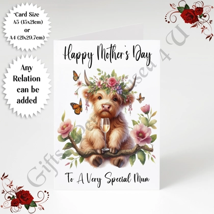 A5 or A4 Personalised Greeting Card - Highland Cow - Happy Mother's Day - Mum Mummy etc - D.16