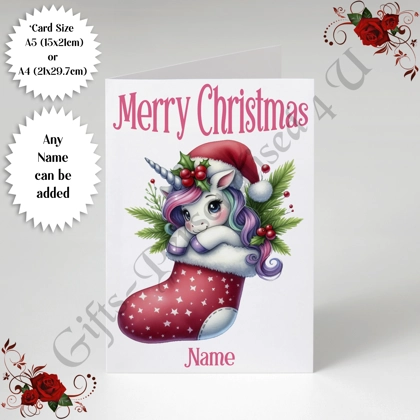 A5 or A4 Personalised Card - Merry Christmas - Unicorn - Name - D.17 A5 or A4 Personalised Card - Merry Christmas - Unicorn - Name - D.17