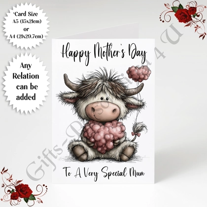 A5 or A4 Personalised Greeting Card - Highland Cow - Happy Mother's Day - Mum Mummy etc - D.17
