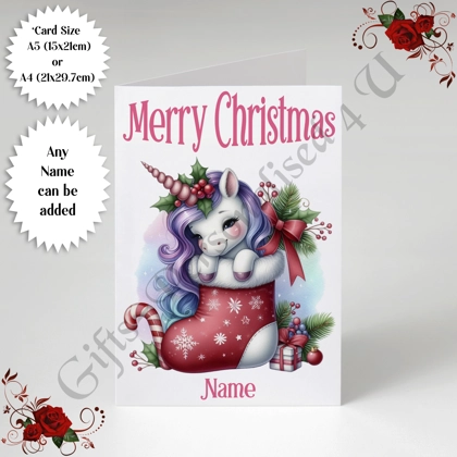 A5 or A4 Personalised Card - Merry Christmas - Unicorn - Name - D.18 A5 or A4 Personalised Card - Merry Christmas - Unicorn - Name - D.18