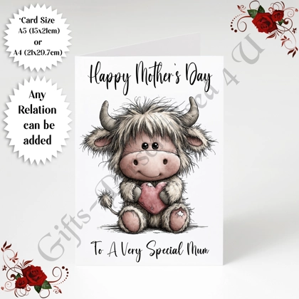 A5 or A4 Personalised Greeting Card - Highland Cow - Happy Mother's Day - Mum Mummy etc - D.18