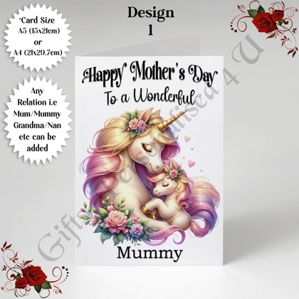 A5 or A4 Personalised Greeting Card - Unicorns - Happy Mother's Day - Mum Mummy Grandma etc - D.1