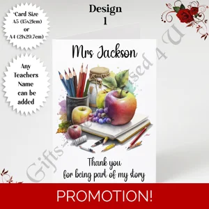 A5 or A4 Personalised Greeting Card - Teacher - Thank You / Leaving - D.1