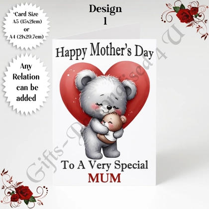 A5 or A4 Personalised Greeting Card - Bear & Hearts - Happy Mother's Day - Mum Mummy etc - D.1