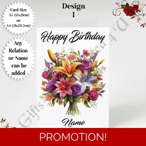 A5 or A4 Personalised Greeting Card - Flowers - Happy Birthday - Name or Relation - D.1