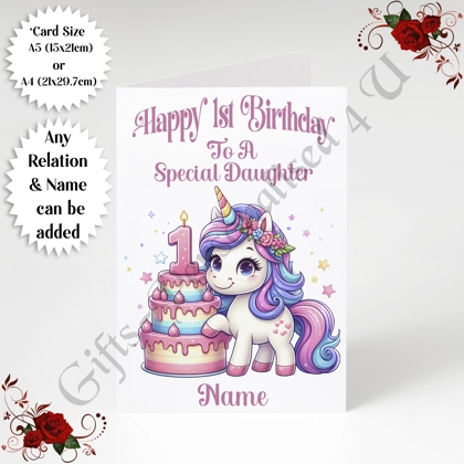 A5 or A4 Personalised Greeting Card - Unicorn - Happy 1st Birthday - Any Relation & Name - D.1 A5 or A4 Personalised Greeting Card - Unicorn - Happy 1st Birthday - Any Relation & Name - D.1