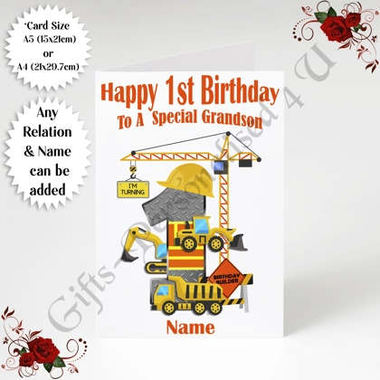 A5 or A4 Personalised Greeting Card - Construction - Happy 1st Birthday - Any Relation & Name - D.1 A5 or A4 Personalised Greeting Card - Construction - Happy 1st Birthday - Any Relation & Name - D.1