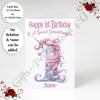 A5 or A4 Personalised Greeting Card - Unicorn - Happy 1st Birthday - Any Relation & Name - D.3 A5 or A4 Personalised Greeting Card - Unicorn - Happy 1st Birthday - Any Relation & Name - D.3