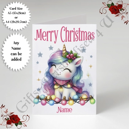 A5 or A4 Personalised Card - Merry Christmas - Unicorn - Name - D.1