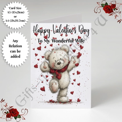 A5 or A4 Personalised Card - Happy Valentine's Day - Cute Bear - Any Relation - D.1