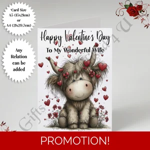 A5 or A4 Personalised Card - Happy Valentine's Day - Highland Cow - Any Relation - D.1