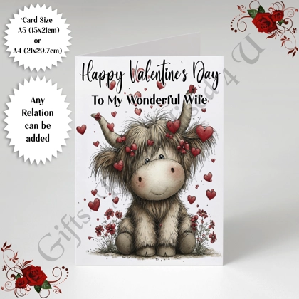 A5 or A4 Personalised Card - Happy Valentine's Day - Highland Cow - Any Relation - D.1