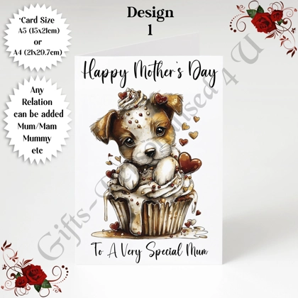 A5 or A4 Personalised Greeting Card - Dog & Hearts - Happy Mother's Day - Mum Mummy etc - D.1