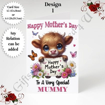 A5 or A4 Personalised Greeting Card - Highland Cow - Happy Mother's Day - Mum Mummy etc - D.1