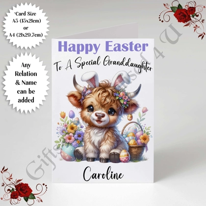 A5 or A4 Personalised Card - Happy Easter - Cow - Any Relation & Name - D.1