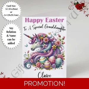 A5 or A4 Personalised Card - Happy Easter - Unicorn - Any Relation & Name - D.1